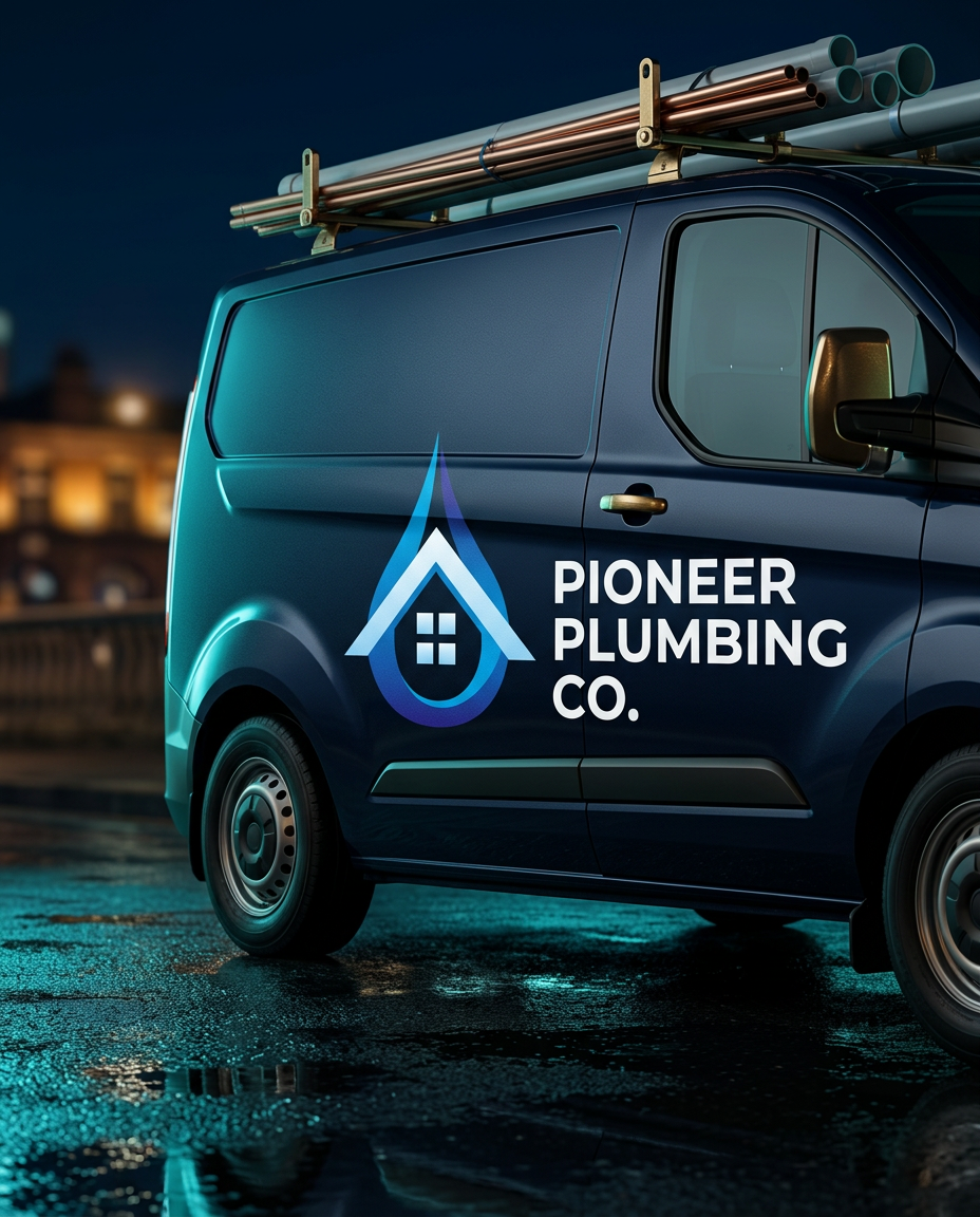 Pioneer Plumbing Co. truck parked at night, logo on the door
